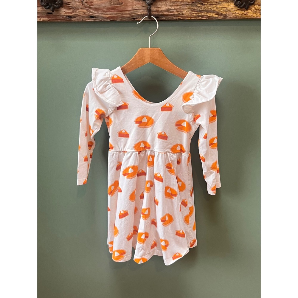 Monica + Andy Girls 5T Pumpkin Pie Print Ruffle Shoulder Long Sleeve Dress White